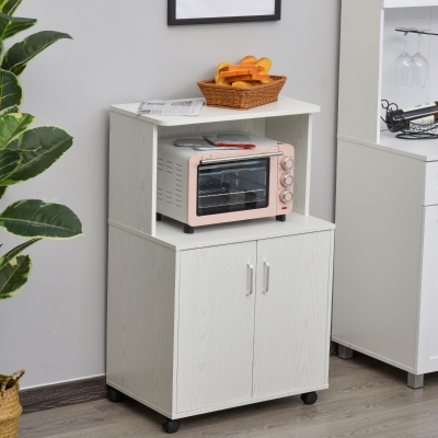 HOMCOM Microwave Cart on Wheels Utility Trolley Storage Sideboard Bookcase with 2-door Cabinet, White Oak