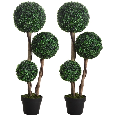 HOMCOM 35.5" Artificial Boxwood Topiary Tree, Set of 2, Green