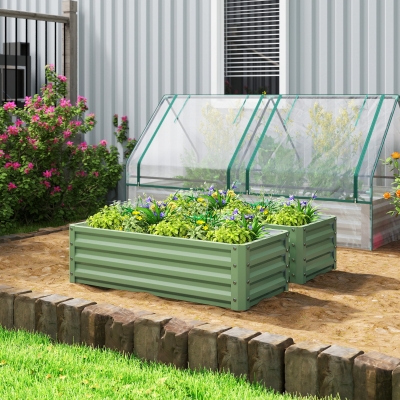 Outsunny Galvanized Raised Garden Beds, Outdoor Planter Box, Set of 2, for Flowers, Herbs and Vegetables, Light Green