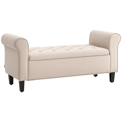HOMCOM 50 Inches Storage Ottoman, Upholstered Bedroom Bench with Rolled Arms and Button Tufted Storage, Beige