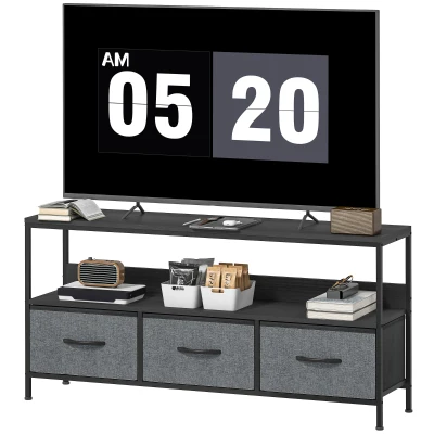 HOMCOM TV Stand with Charging Station, TV Table with 3 Foldable Linen Drawers and Open Shelf for 55 Inch Television, Black