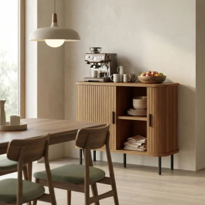 HOMCOM 35" Walnut Sideboard Buffet Cabinet with Tambour Doors