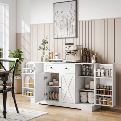 HOMCOM Sideboard Buffet Cabinet, Farmhouse Coffee Bar Cabinet with Door Shelves, Adjustable Shelves, Drawer, Barn Doors, White
