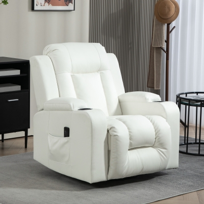 HOMCOM Swivel Massage Recliner Chair Rocker, Overstuffed Manual Reclining Sofa, PU Leather Rocking Chair with Side Pockets, Cup Holders, for Living Room, Nursery, Cream White