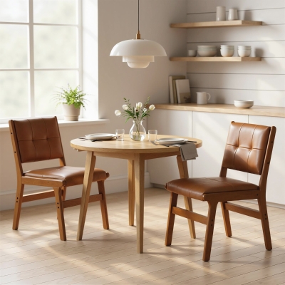 HOMCOM Set of 2 Kitchen Chairs, Button Tufted PU Leather Upholstered Dining Chairs with Rubberwood Legs for Dining Room, Brown