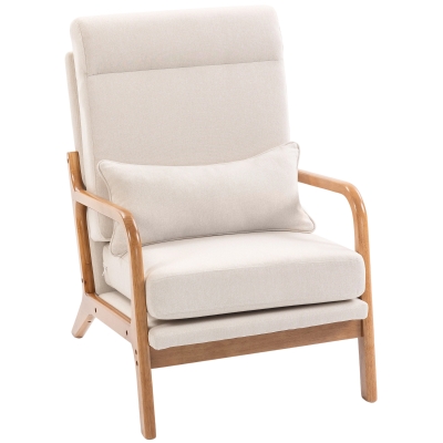 HOMCOM Modern Accent Chair, Linen Armchair with Lumbar Pillow, High Back, Wide Seat, Thick Cushion, Solid Wood Frame, Cream White