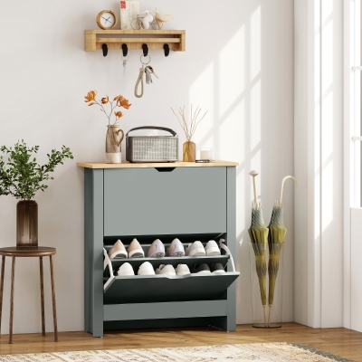 HOMCOM Shoe Storage Cabinet with 2 Flip Drawers and Adjustable Shelves for 8–12 Pairs of Shoes, Light Grey