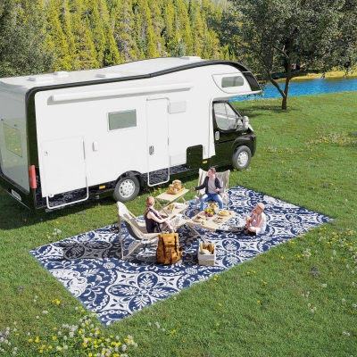 Outsunny Portable Outdoor Rug with Carry Bag, 9' x 18' Reversible Mat, Waterproof Plastic Straw RV Rug, Blue & White Flower