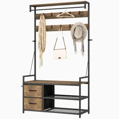 HOMCOM 6-In-1 Hall Tree with Shoe Storage, Coat Rack Shoe Storage with 10 Hooks, 2 Fabric Drawers, Rustic Brown