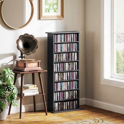HOMCOM 8-Tier DVD Shelf with 6 Adjustable Shelves, Slim CD Shelf, Holds 360 CDs, 185 DVDs or 185 Blu-rays, Black