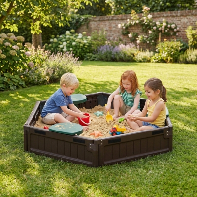 Outsunny DIY Kids Sandbox with Waterproof Oxford Cover, Sand Playset Station with Bottom Fabric Liner, for 3-12 Years Old, Outdoor Indoor Backyard, Brown