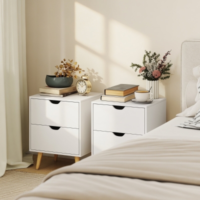 HOMCOM Modern Bedside Table Set of 2, Nightstand with 2 Drawers and Pine Wood Legs for Bedroom, White