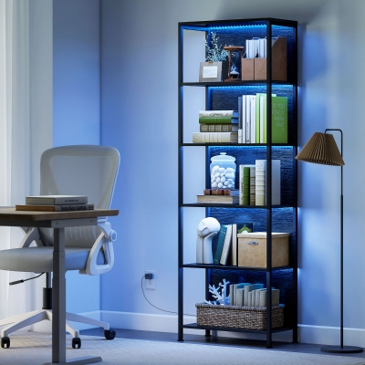 HOMCOM 5-Tier Bookshelf, Freestanding Bookcase with LED Lights and Metal Frame for Living Room, Bedroom, Home Office, Black