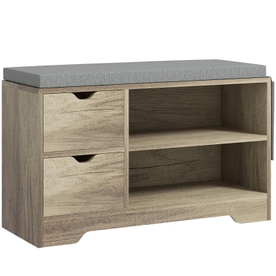 HOMCOM Upholstered Shoe Storage Bench w/ Seat, Entrance Bench w/ Drawer Open Shelves and Pocket for Hallway, Grey