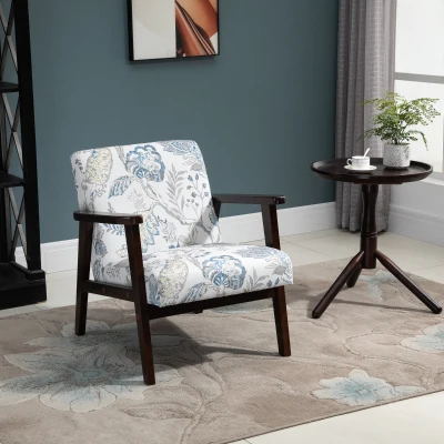 HOMCOM Mid-Century Modern Accent Chair Retro Fabric Armchair Wooden Arm Upholstered Lounge Chair for Living Room Floral