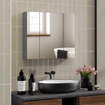 kleankin 28" x 24" Wall Mounted Mirror Cabinet, Bathroom Medicine Cabinet with Mirror, 3 Doors and Adjustable Shelves, Grey