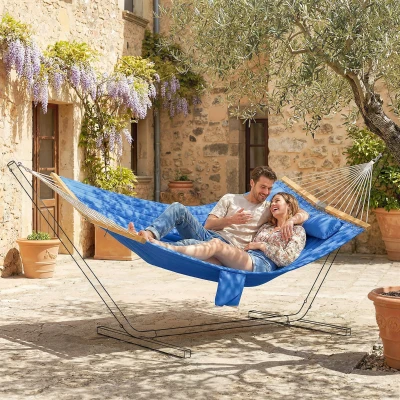 Outsunny 2-Person Outdoor Hammock with Pillow & Pad, Navy Blue