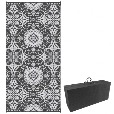 Outsunny Portable Outdoor Rug with Carry Bag, 9' x 18' Reversible Mat, Waterproof Plastic Straw RV Rug for Backyard, Deck, Picnic, Beach, Camping, Gray & White Flower