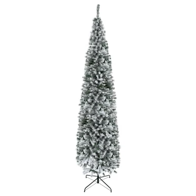 HOMCOM 9ft Flocked Christmas Tree, Pencil Christmas Tree with Realistic Branch Tips, Folding Metal Stand, Green
