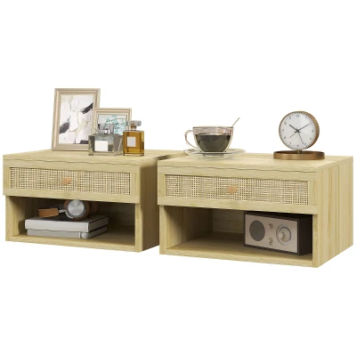 HOMCOM Floating Nightstand Set of 2, Nordic Wall Mounted Bedside Table with Drawer and Open Shelf for Bedroom, Natural Wood