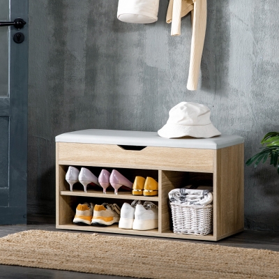 HOMCOM Shoe Bench Entryway Storage Rack with Padded Cushion, Hidden Storage for Hallway, Living Room, Natural
