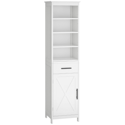 kleankin Tall Bathroom Storage Cabinet, Free Standing Bathroom Cabinet Slim Side Organizer w/ 3-Tier Open Shelf, Door, and Drawer, White