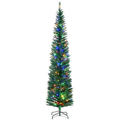 HOMCOM 7.5' Artificial Pencil Christmas Trees Holiday Decoration with Colourful LED Lights, Steel Base, Skinny Shape