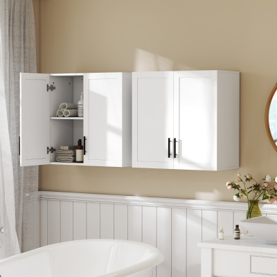 HOMCOM 2-Piece Simple Medicine Cabinet Wall Mounted, Bathroom Wall Cabinet with 2 Doors and Adjustable Shelf Storage, White