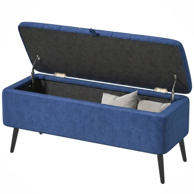 HOMCOM 40" Ottoman with Storage, Linen Upholstered Storage Ottoman Bench with Steel Legs for Living Room, Bedroom Dark Blue