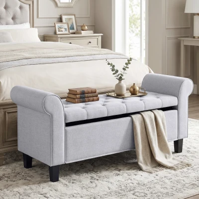 HOMCOM 47" Tufted Storage Ottoman Bench with Arms, Light Gray
