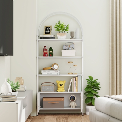 HOMCOM 4-Tier Arched Shelving Unit with Cabinet, Bookshelf for Living Room, Office, 31.5" x 11.8" x 73.6", White