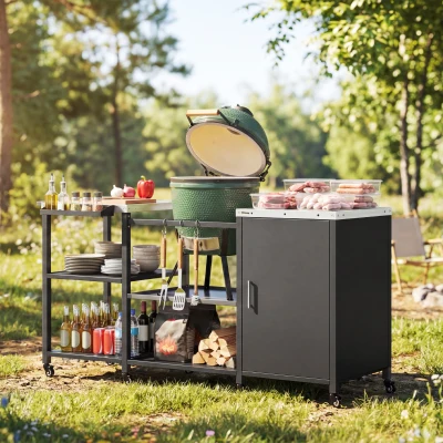 Outsunny Metal Grill Table for Big Green Egg with Storage, Black
