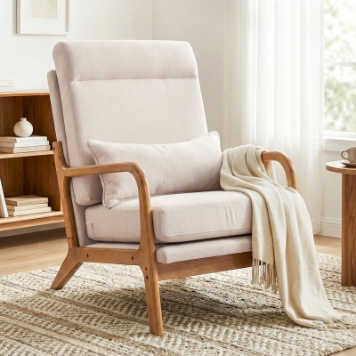 HOMCOM Modern Accent Chair, Linen Armchair with Lumbar Pillow, High Back, Wide Seat, Thick Cushion, Solid Wood Frame, Cream White