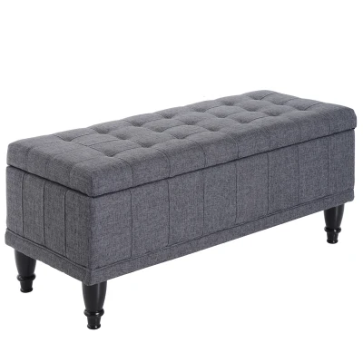 HOMCOM Storage Ottoman, Linen Fabric End of Bed Bench with Soft Close Lid, Button Tufted Storage Bench for Living Room, Entryway or Bedroom, 42" x 17" x 19", Grey