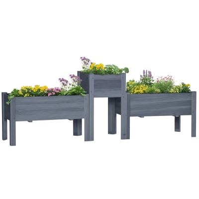 Outsunny Set of 3 Elevated Garden Beds, Wood Planter Boxes, Gray