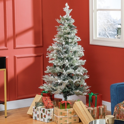 HOMCOM 5 Feet Pencil Snow Flocked Artificial Christmas Tree with 517 Realistic Cypress Branches, Auto Open, Green