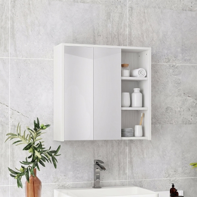 HOMCOM Bathroom Medicine Cabinet with Mirror, Wall Mount Mirror Cabinet with Open Shelves, White Wood Grain