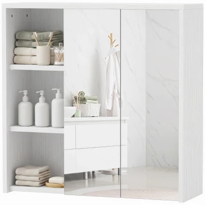 HOMCOM Bathroom Medicine Cabinet with Mirror, Wall Mount Mirror Cabinet with Open Shelves, White Wood Grain