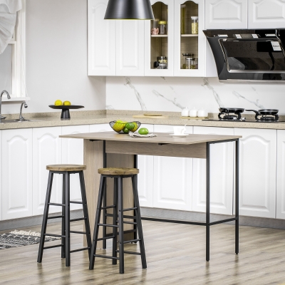 HOMCOM Counter Height Table with Drop Leaf, Extendable Bar Table with Adjustable Storage Shelf, Light Grey