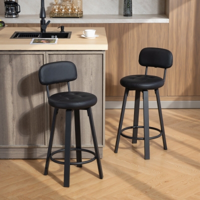 HOMCOM Bar Stools Set of 2, Upholstered Breakfast Bar Chairs with Footrest and Backrest for Kitchen Counter, Black