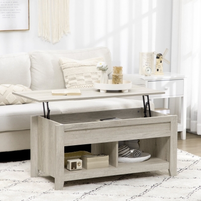 HOMCOM Lift Top Coffee Table with Hidden Storage Compartment and Open Shelves, Lift Tabletop Pop-Up Center Table for Living Room, Oak Effect