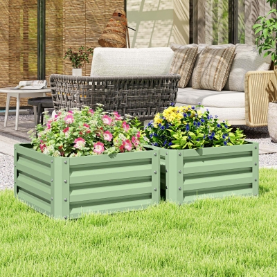 Outsunny Galvanized Raised Garden Beds, Outdoor Planter Box, Set of 2, for Flowers, Herbs and Vegetables, Light Green
