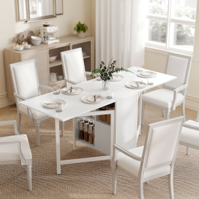 HOMCOM Multi-use Foldable Table with Hideaway Shelves, Drop Leaf Table for Kitchen, Dining, Study and Office, White