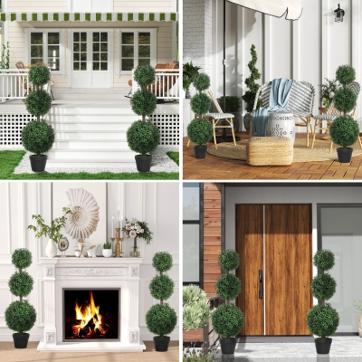 HOMCOM 2 Pack 40" Artificial Trees, Boxwood Topiary Ball Trees with Pot for Indoor, Outdoor, Home Office, Living Room, Green
