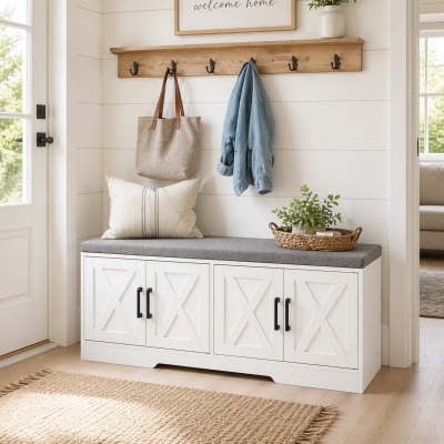 HOMCOM Shoe Bench with Cushion Shoe Storage Bench with Doors Adjustable Shelves for Entryway, White