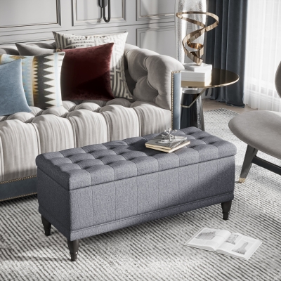 HOMCOM Storage Ottoman, Linen Fabric End of Bed Bench with Soft Close Lid, Button Tufted Storage Bench for Living Room, Entryway or Bedroom, 42" x 17" x 19", Grey