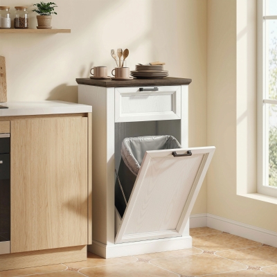 HOMCOM 10 Gallon Trash Can Cabinet with Drawer, Farmhouse Tilt Out Garbage Cabinet Laundry Hamper, White Wood Effect