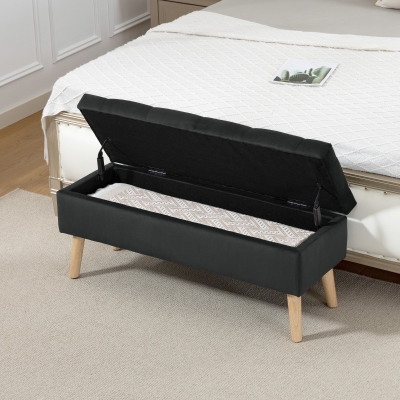 HOMCOM Storage Ottoman with Lid, Velvet Upholstered Storage Bench with Wood Legs for Living Room, Black
