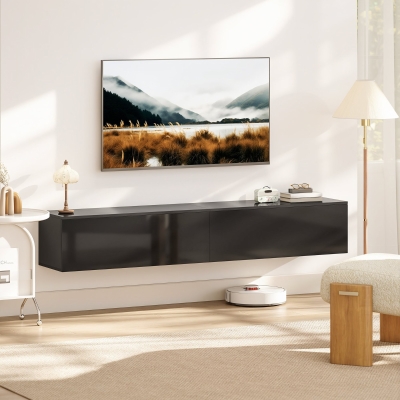 HOMCOM Floating TV Stand for TVs up to 75 Inch, 70.9" TV Cabinet, Entertainment Center with 2 Flip Doors, High Gloss Black
