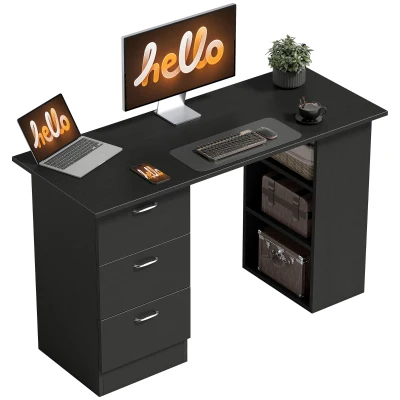HOMCOM Computer Desk, 47" Writing Table with 3-Tier Shelves and 3 Reversible Drawers for Home Office, Bedroom, Black